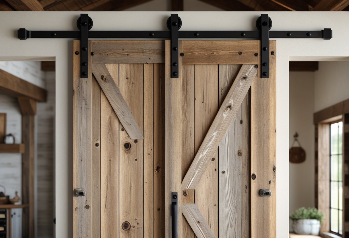 A wooden barn door with black metal hardware in a cozy interior setting.
