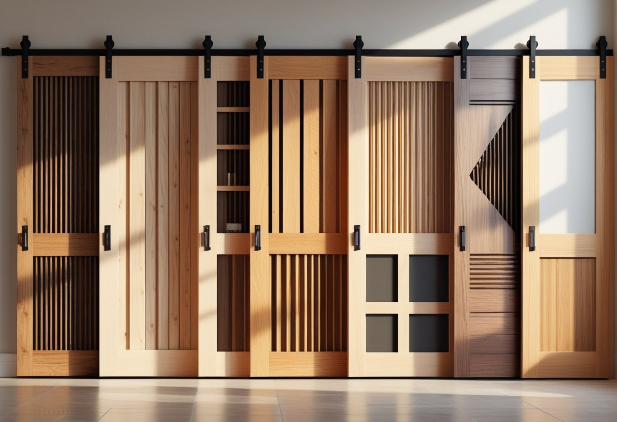 Ten wooden barn doors with different slat designs displayed indoors against a plain wall.
