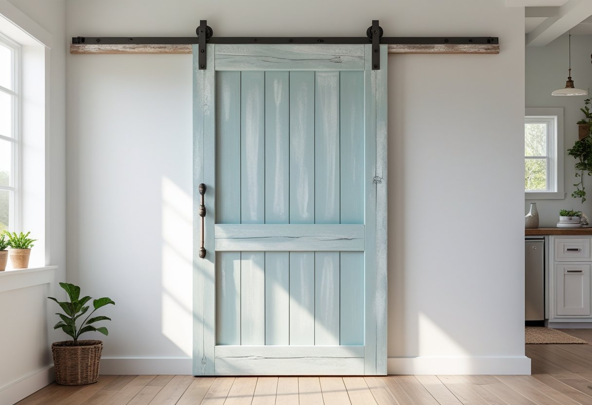 A painted barn door with a chalk paint finish installed in a bright room with wooden floors and natural light.