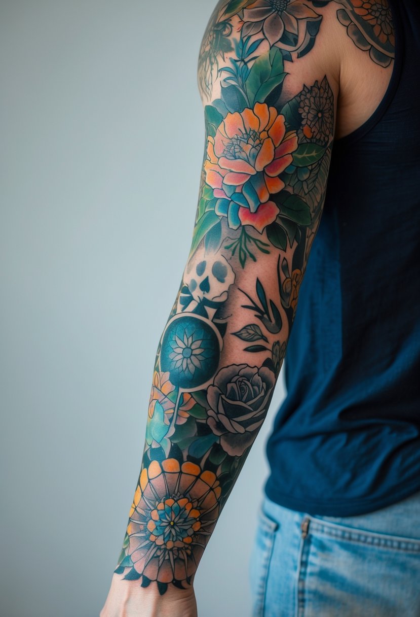 Close-up of a person's arm covered with seven different sleeve tattoos.