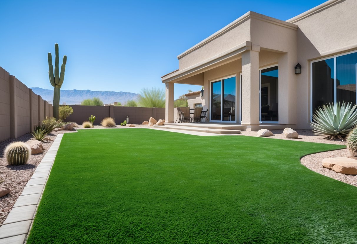 A freshly installed green artificial turf lawn in a residential backyard with desert plants and mountains in the background.