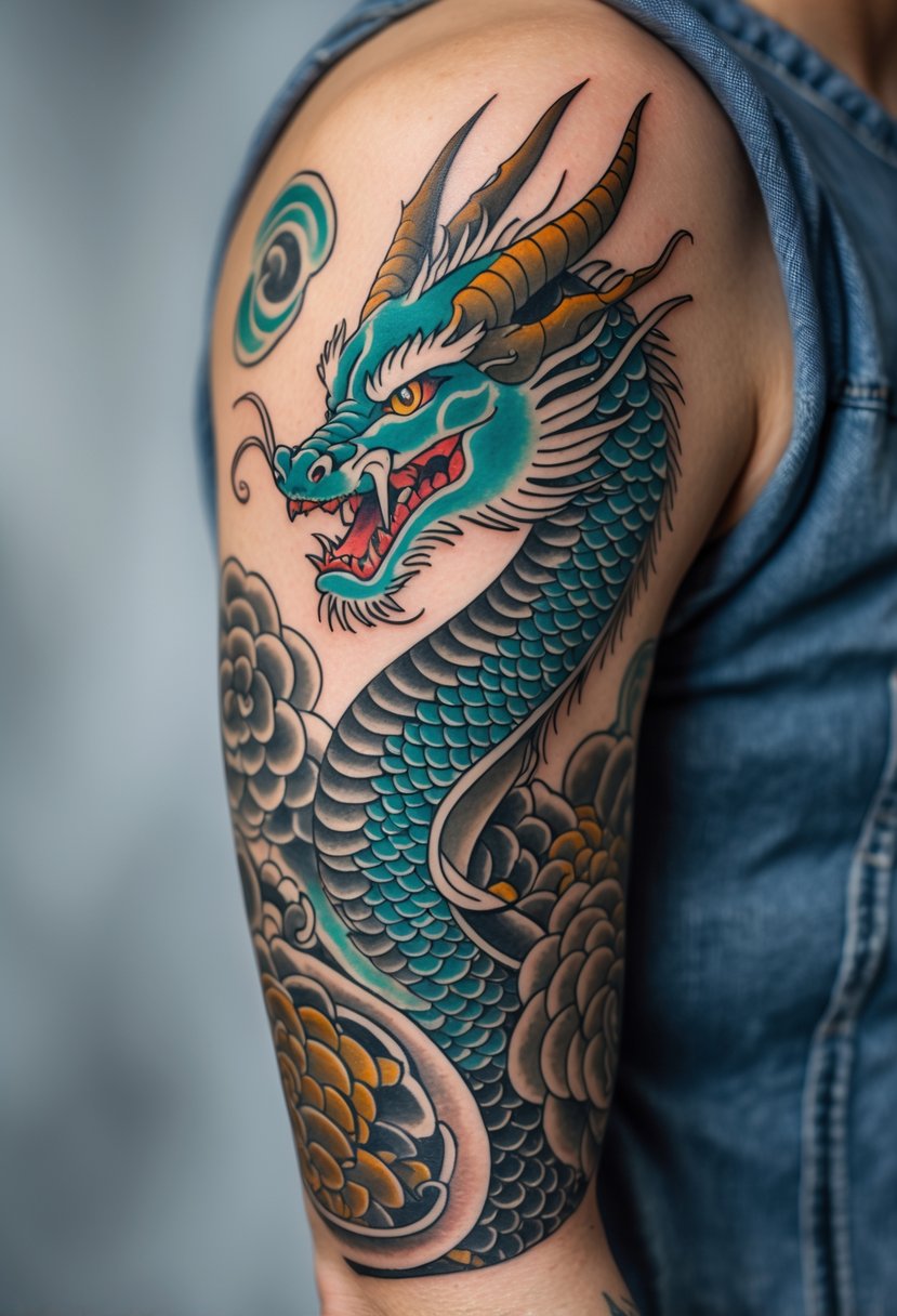 A close-up of an arm with a large dragon tattoo covering the upper arm and six additional tattoos surrounding it.