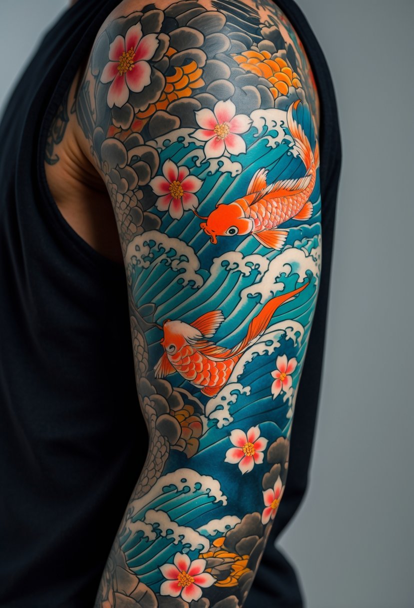 Close-up of a person's arm fully covered with colorful Japanese sleeve tattoos featuring koi fish, dragons, and cherry blossoms.