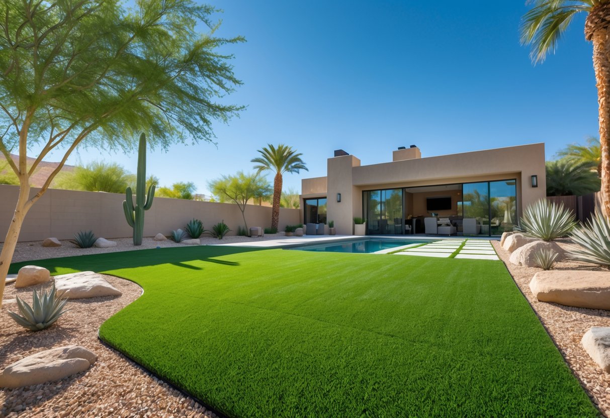 A sunny backyard in Las Vegas with vibrant artificial turf surrounded by desert plants and a modern house in the background.