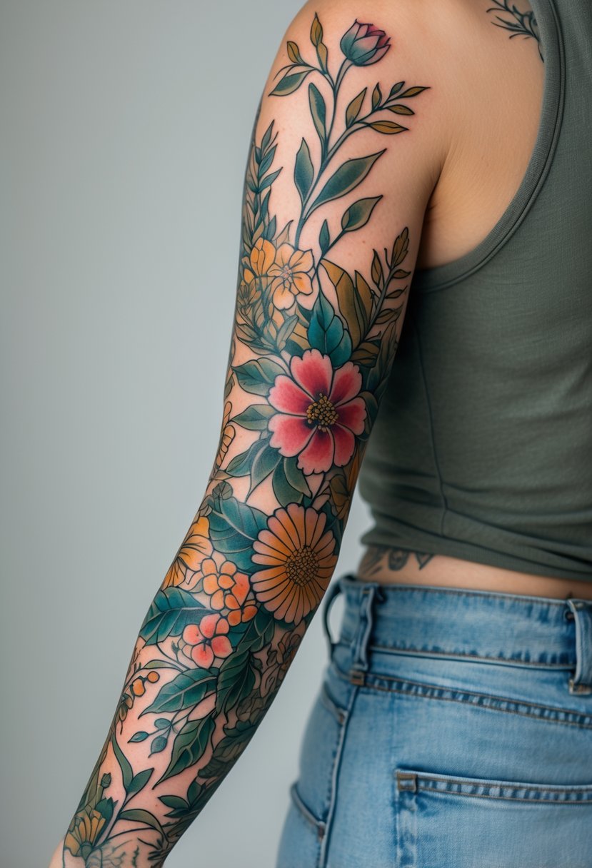 Close-up of an arm with a full floral botanical sleeve tattoo featuring flowers and leaves.