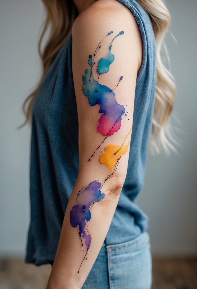 Close-up of an arm covered with seven colorful abstract tattoos.
