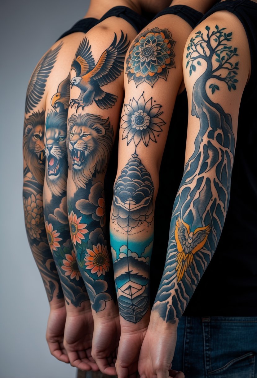 A person showing both arms covered in seven different detailed sleeve tattoos, each representing a unique symbolic theme.