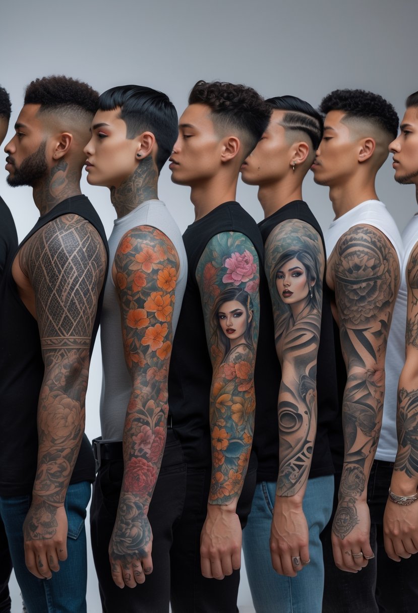 Seven people standing side by side showing different full sleeve tattoos on their arms.