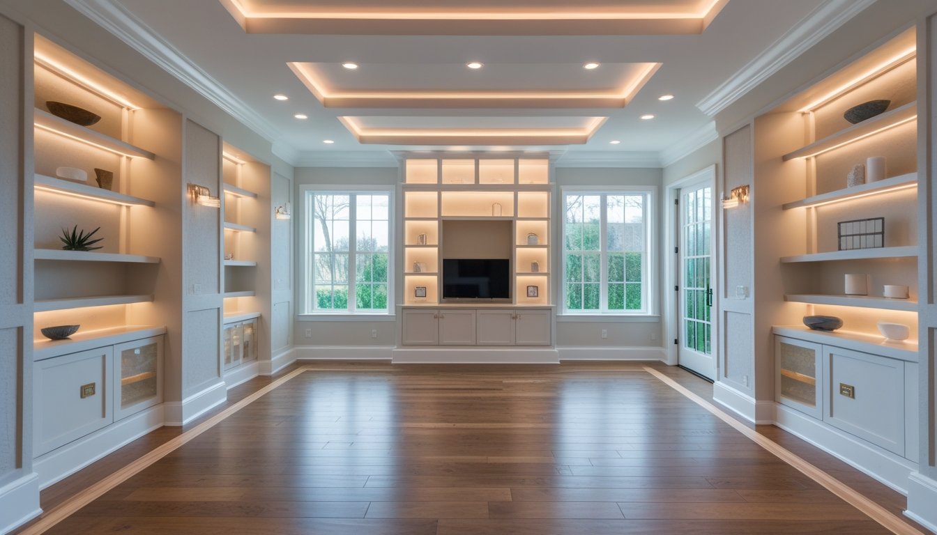 A bright living room with built-in shelves, custom molding, a wooden staircase, large windows, and hardwood floors, highlighting detailed craftsmanship.