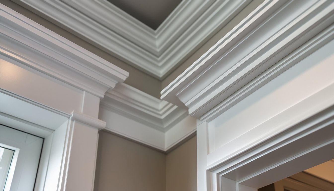 Close-up of detailed custom trimwork and moldings inside a home, showing baseboards, crown molding, and window casings.