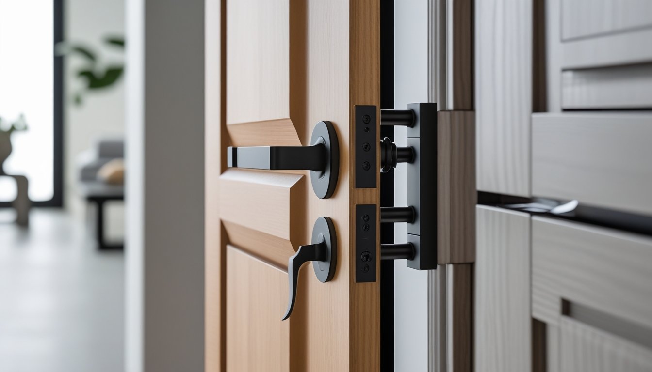 Close-up view of a wooden door and cabinets with elegant black hardware in a bright, modern home interior.