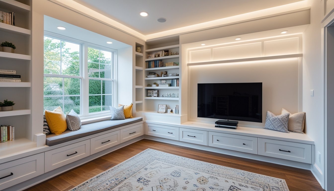 A modern living room with built-in bookshelves, a window seat with cushions and storage, a custom media console, and recessed lighting, filled with natural light.