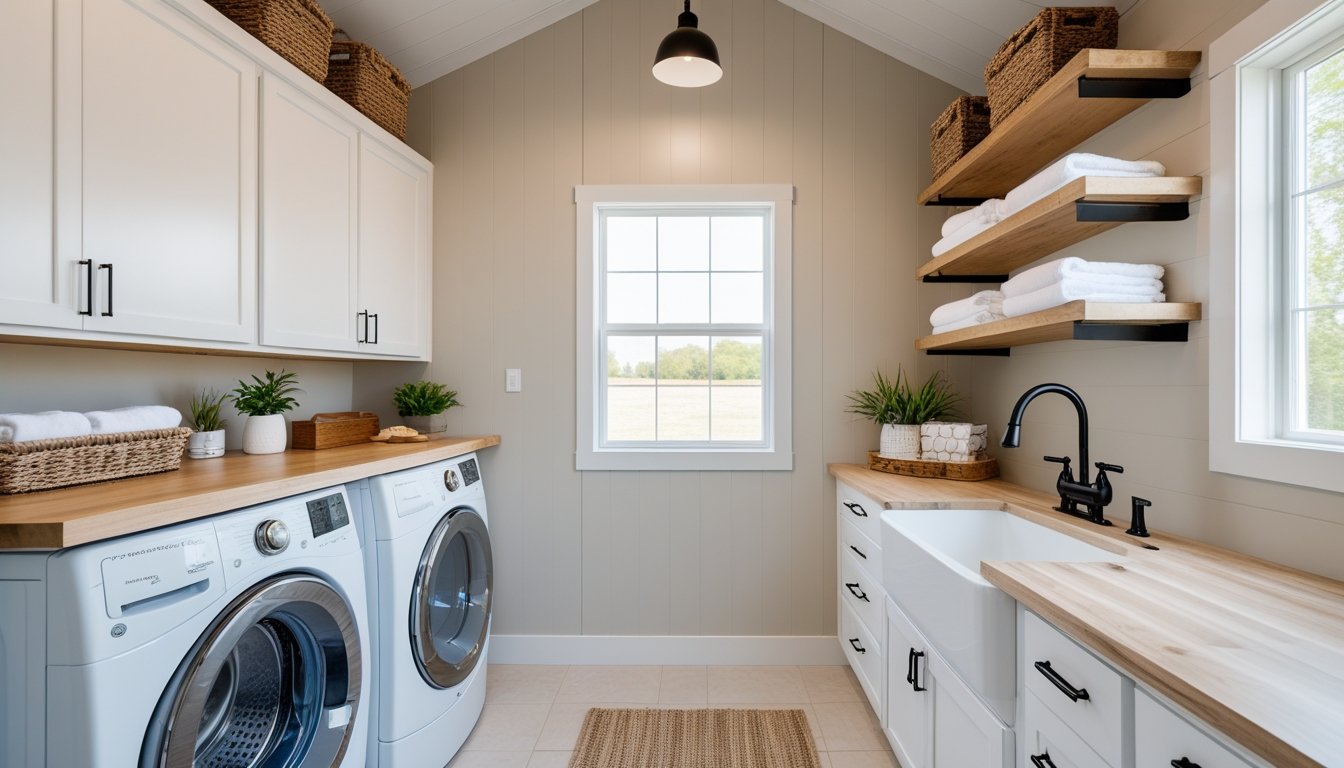 A clean and organized laundry room with washer and dryer, white cabinets, wooden countertop, open shelves with towels and plants, and natural light coming through a window.