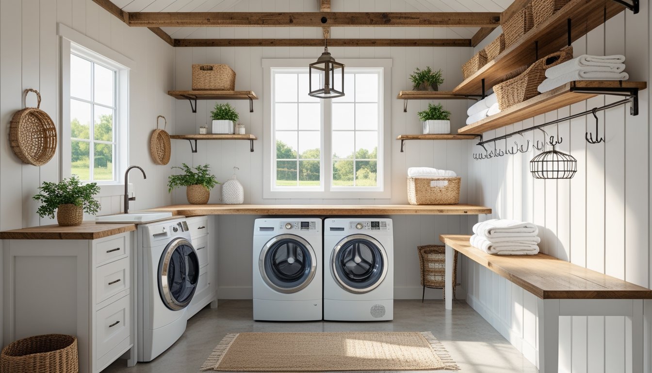 A clean and organized laundry room with a washing machine, dryer, wooden shelves, and natural light coming through a window.