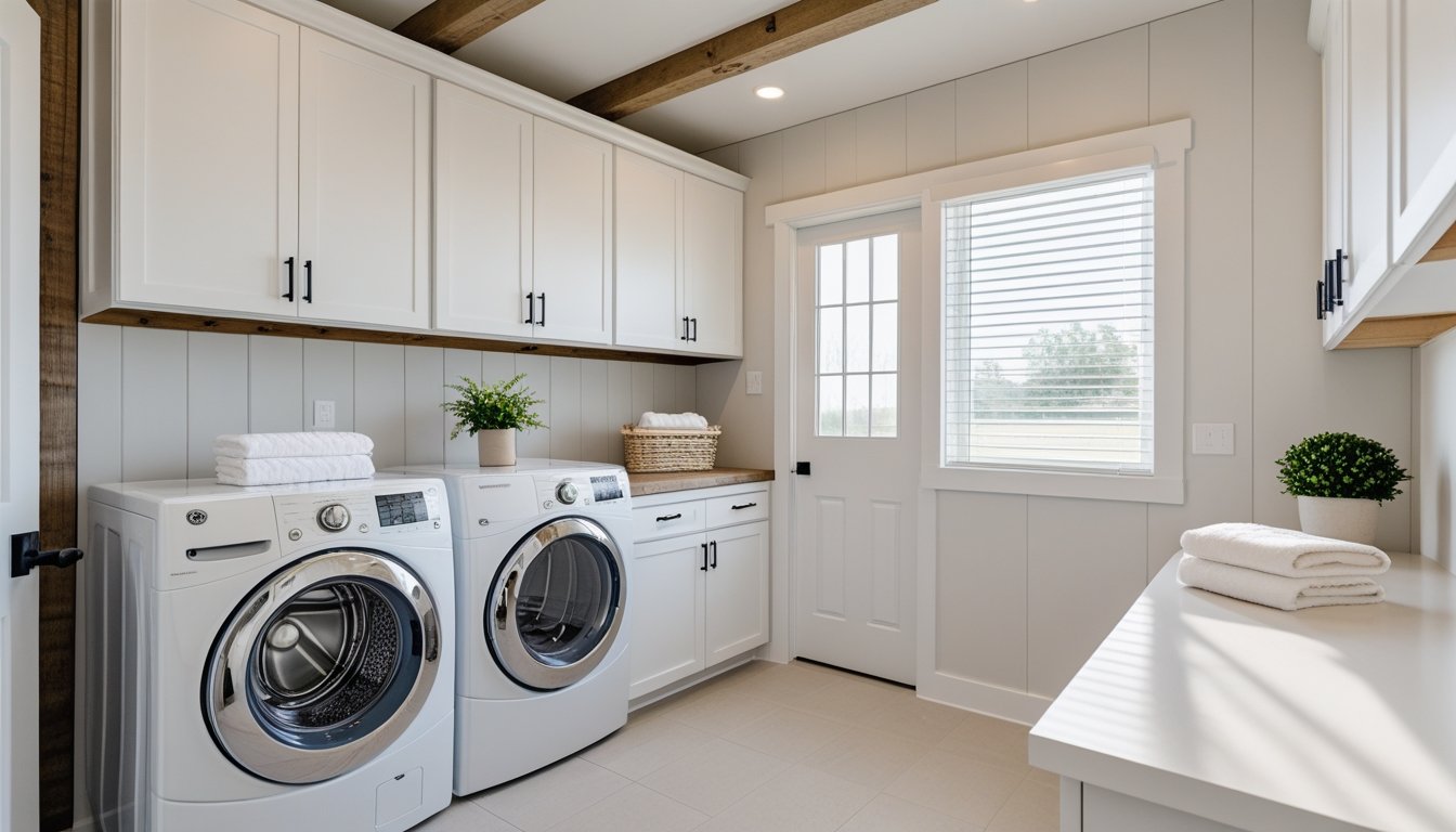A clean and organized laundry room with a washing machine, dryer, white cabinets, a countertop with a plant and folded towels, and natural light coming through a window.