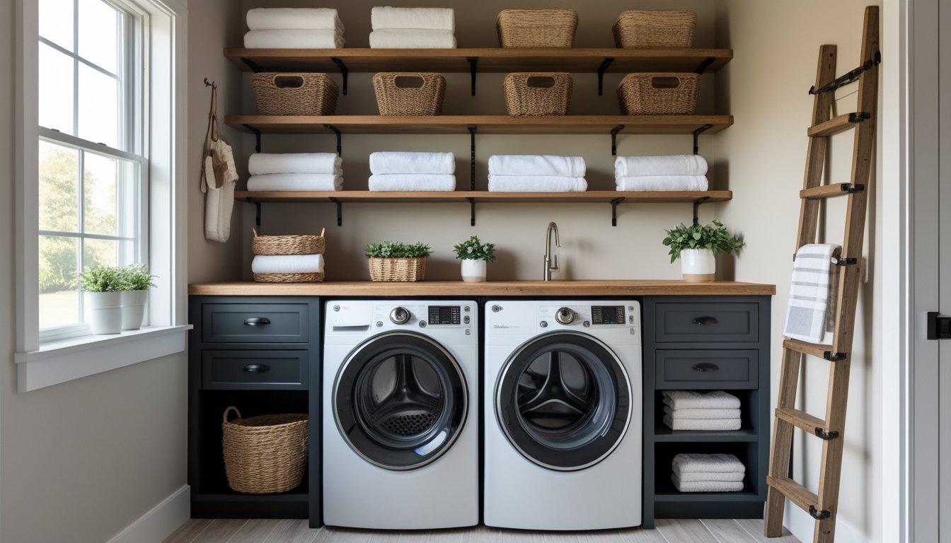 Small laundry room with washer and dryer under wooden countertop, open shelves with towels and plants, and natural light coming through a window.