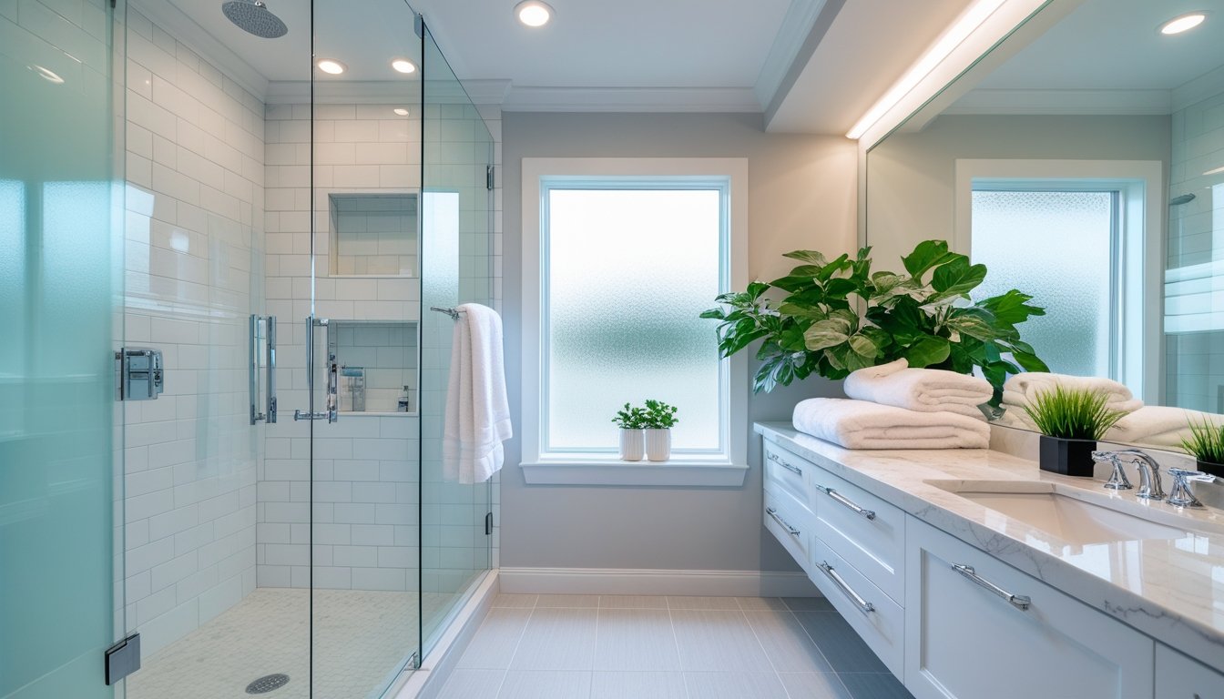 A bright modern bathroom with a walk-in shower, white tiles, a marble vanity, plants, and natural light.