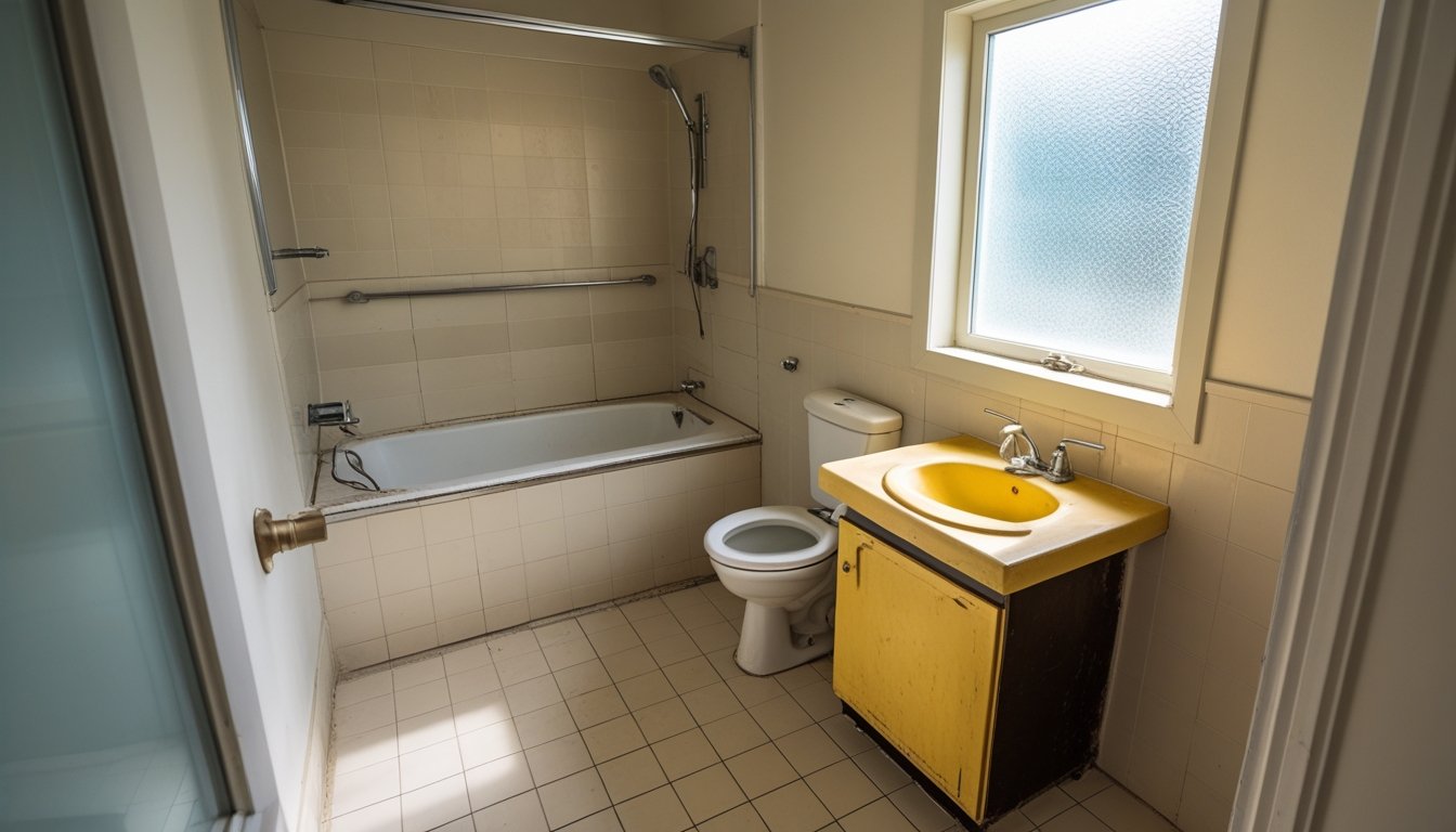 A small bathroom with an old bathtub, sink, and faded tiles before renovation.