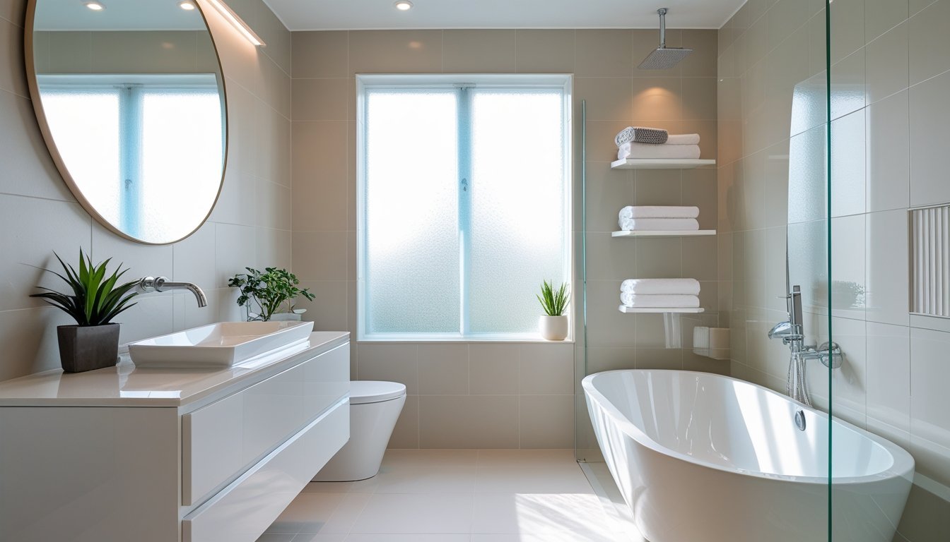 A newly renovated bathroom with modern fixtures, a white vanity, large mirror, bathtub, and natural light coming through a window.
