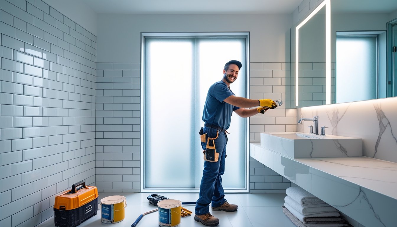 A person working on a bathroom renovation with new tiles, vanity, and fixtures in a bright, clean space.