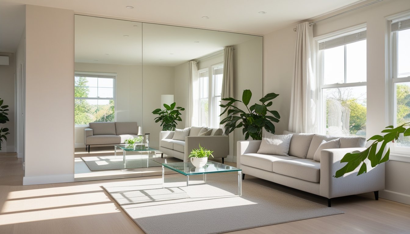 A modern living room with a light accent wall, large mirror, sofa, coffee table, and plants, appearing bright and spacious.
