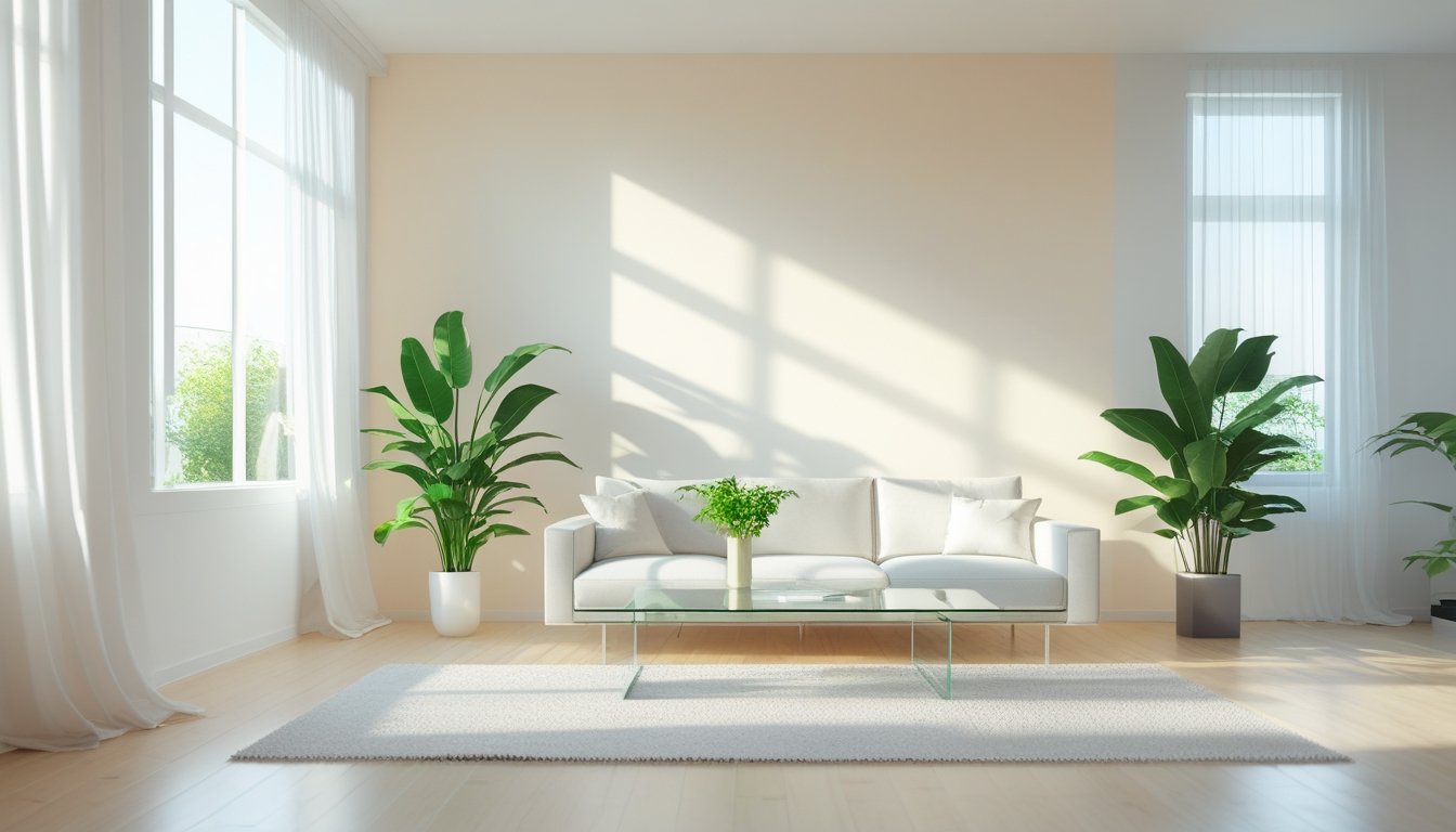A bright living room with light-colored painted walls, modern furniture, plants, and sunlight coming through large windows.