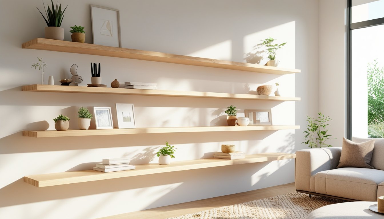 A modern living room with wooden floating shelves displaying plants, books, and decorative items on a light wall above a neutral sofa.