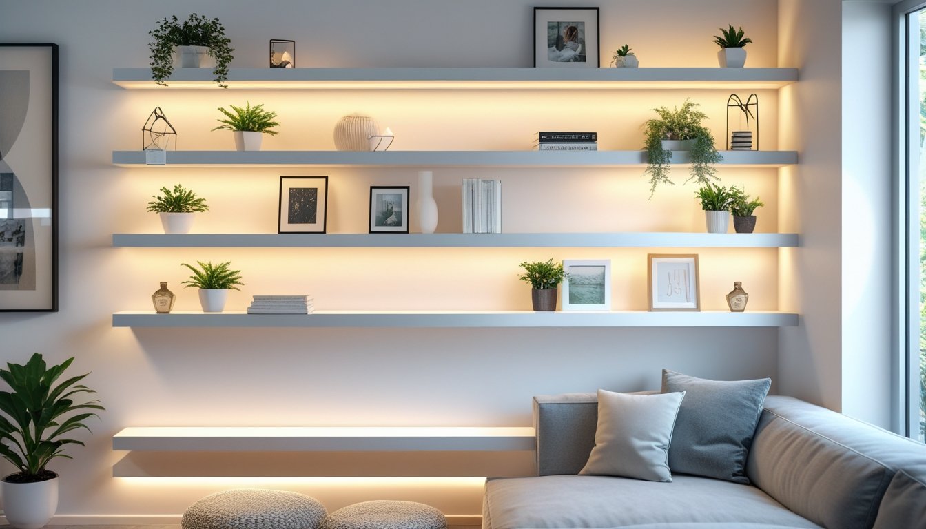 A modern living room wall with stylish floating shelves holding plants, books, and decorative items.