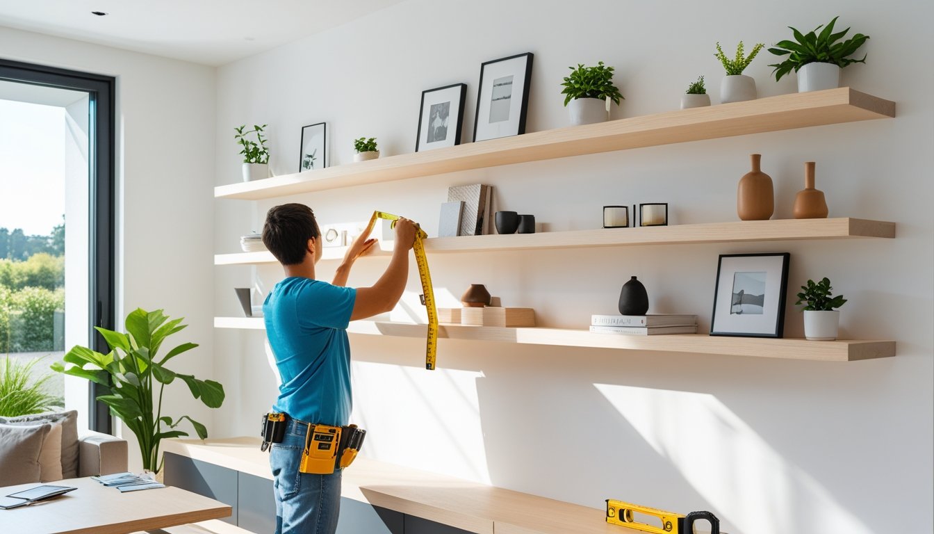 Person measuring a wall to install floating wooden shelves in a bright living room with plants and decorative items on the shelves.