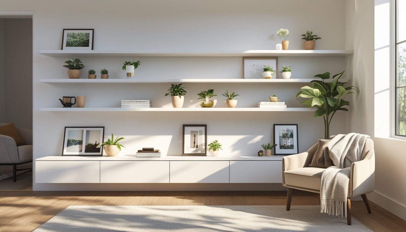A living room corner with floating shelves displaying plants, books, and decorative items above a cozy armchair and wooden floor.