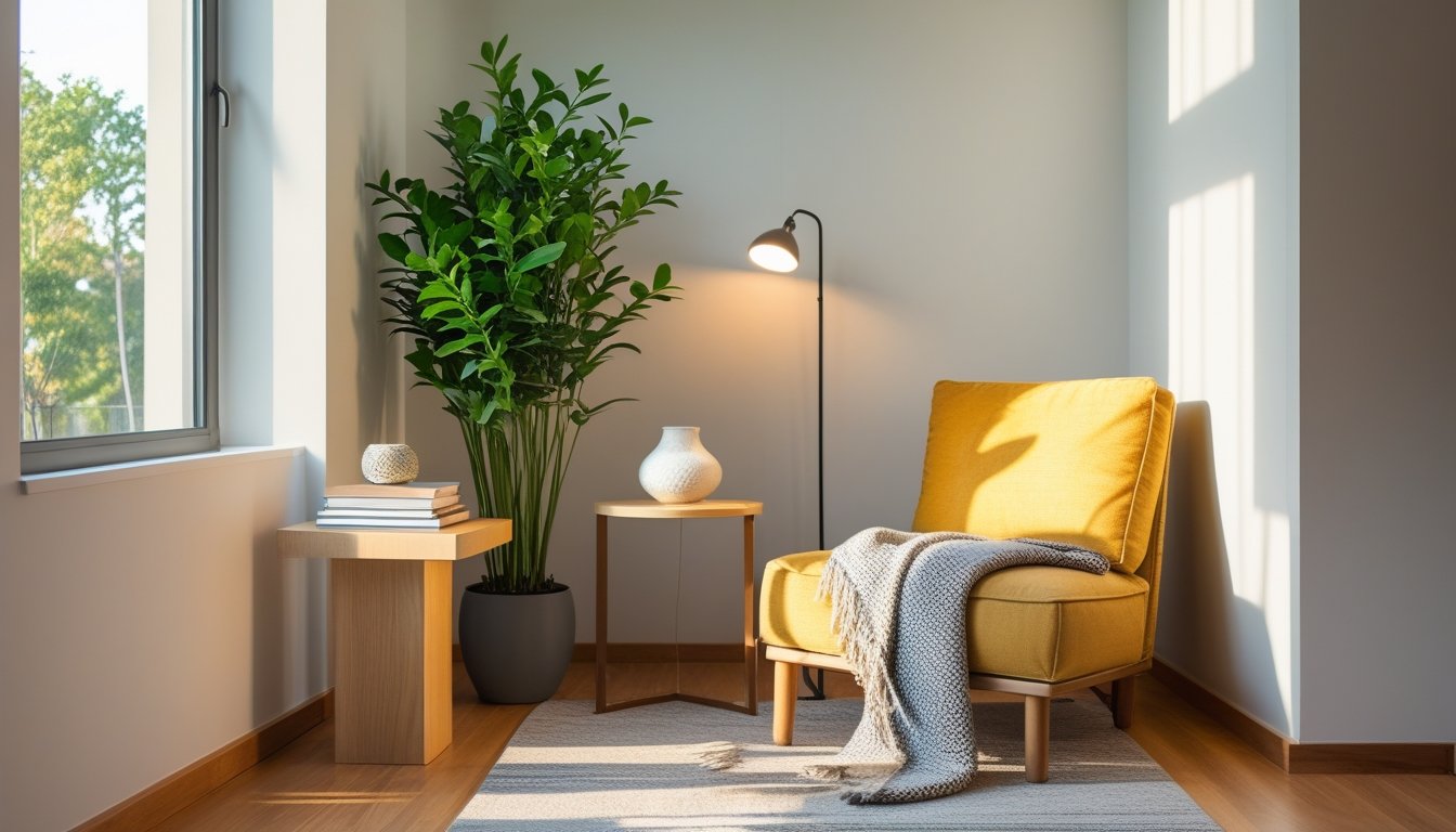 A cozy living room corner with a tall plant, a small wooden side table with books and a vase, an armchair with a throw blanket, and a floor lamp, all arranged to make the awkward corner look intentional.