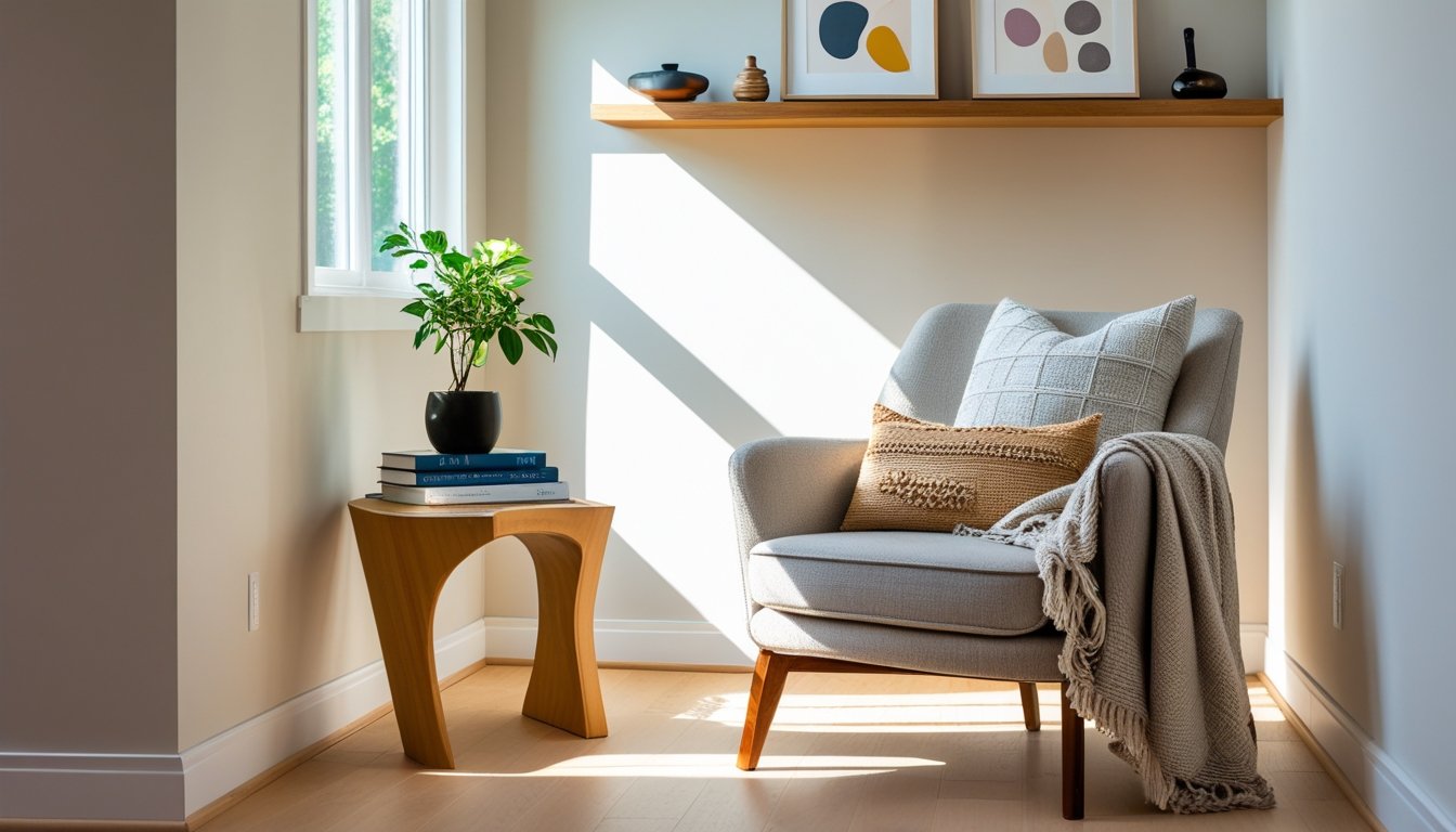 A cozy living room corner with a small wooden side table, potted plant, armchair with a throw blanket, and minimalist wall decorations.