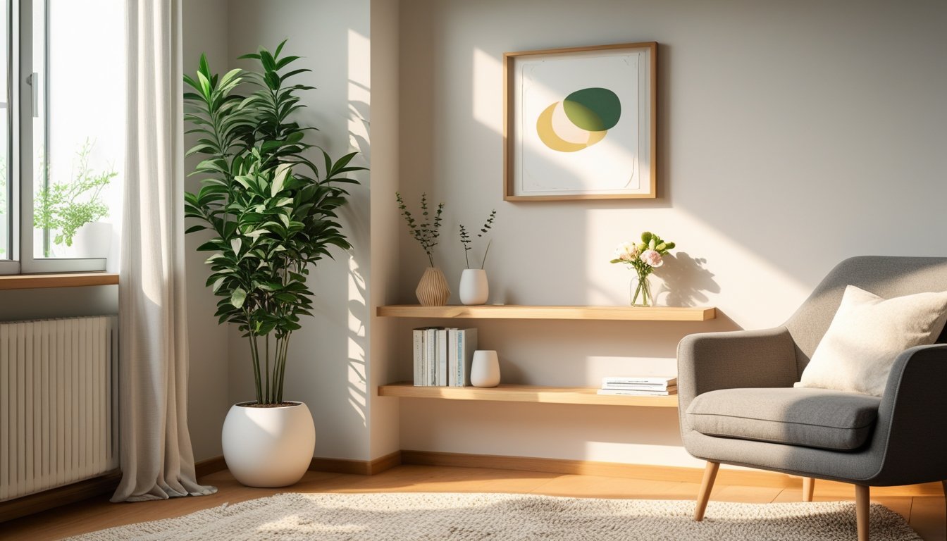 A cozy living room corner with a tall plant, floating shelf with decor, framed art on the wall, and a comfortable armchair.