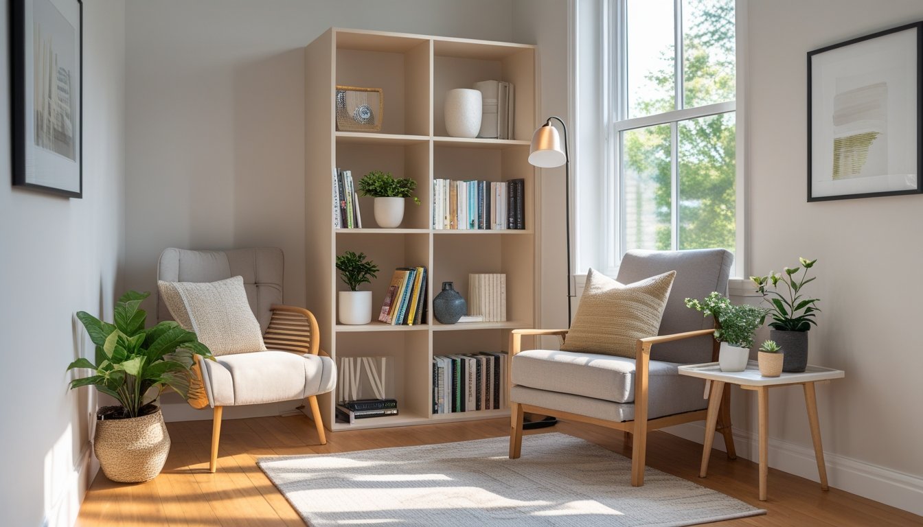 A well-furnished living room corner with a bookshelf, armchair, side table, and potted plant, arranged to make good use of the space.