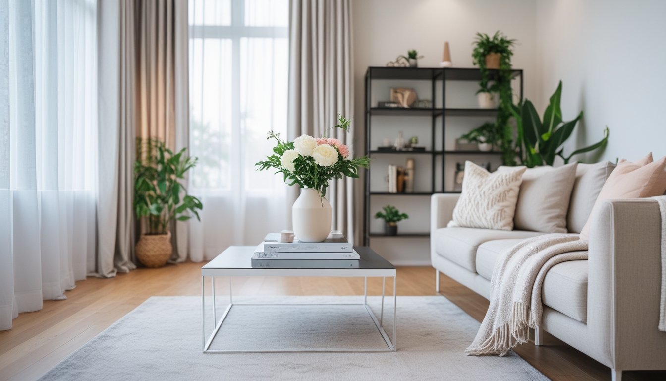 A bright living room with a neutral sofa, coffee table with flowers and books, large windows, and a bookshelf with plants and decor items.