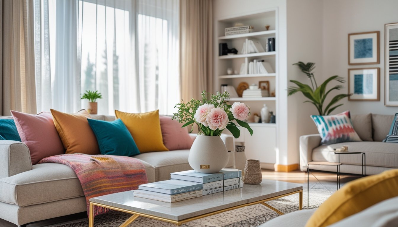 A bright living room with a sofa, coffee table, bookshelf, and large windows letting in natural light.