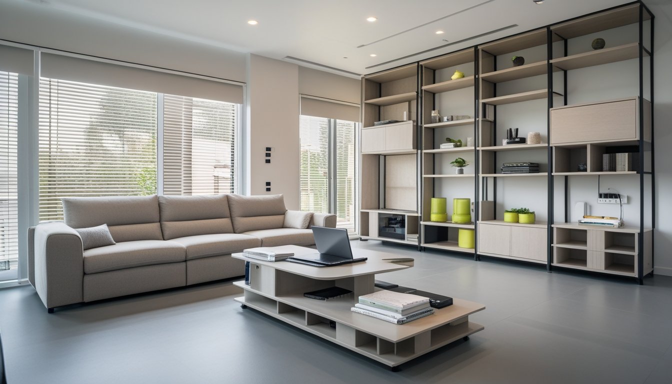 A living room with practical furniture and organized storage, showing a comfortable sofa, coffee table with books and laptop, shelves with everyday items, and large windows letting in natural light.