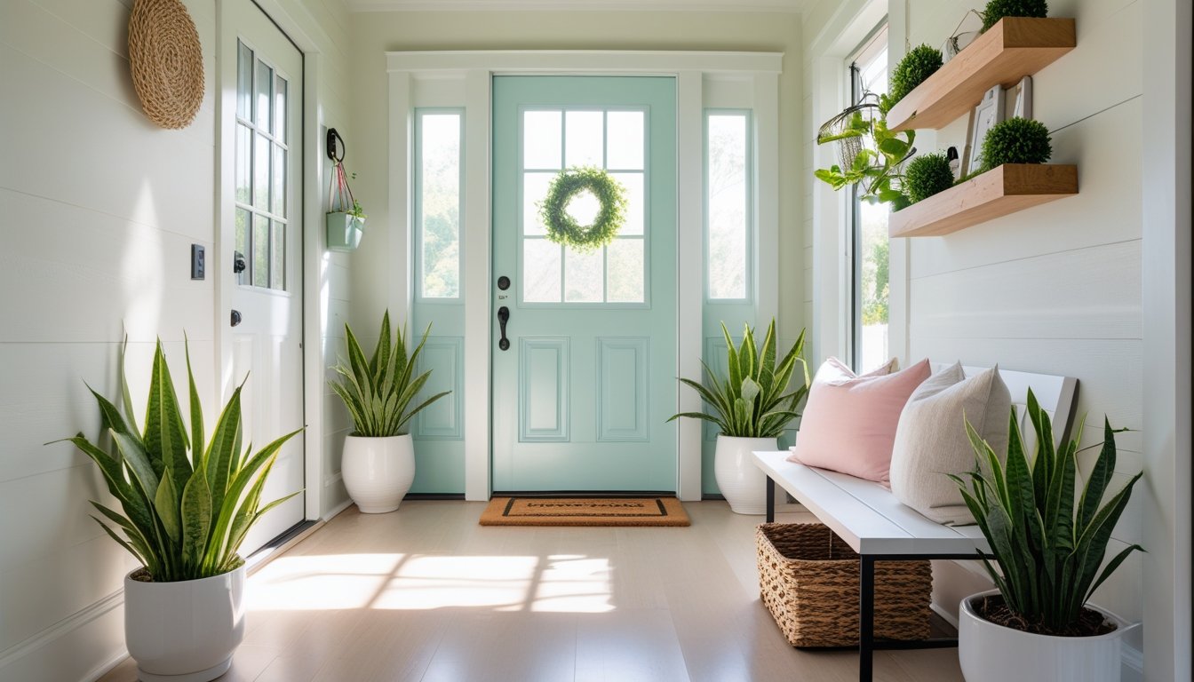A bright home entryway with a painted door, potted plants, a bench with cushions, and natural light streaming in.