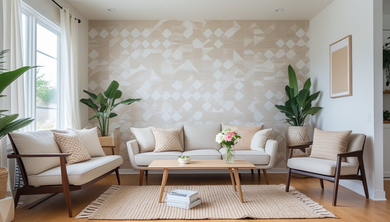 A living room with a modern geometric accent wall, a sofa with pillows, a coffee table with flowers, and natural light coming through large windows.