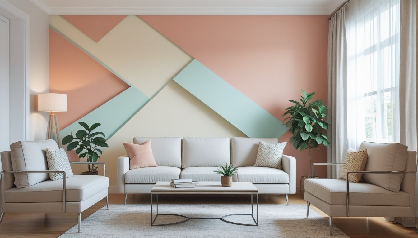 A living room with a colorful geometric accent wall, a sofa, coffee table, and natural light coming through large windows.