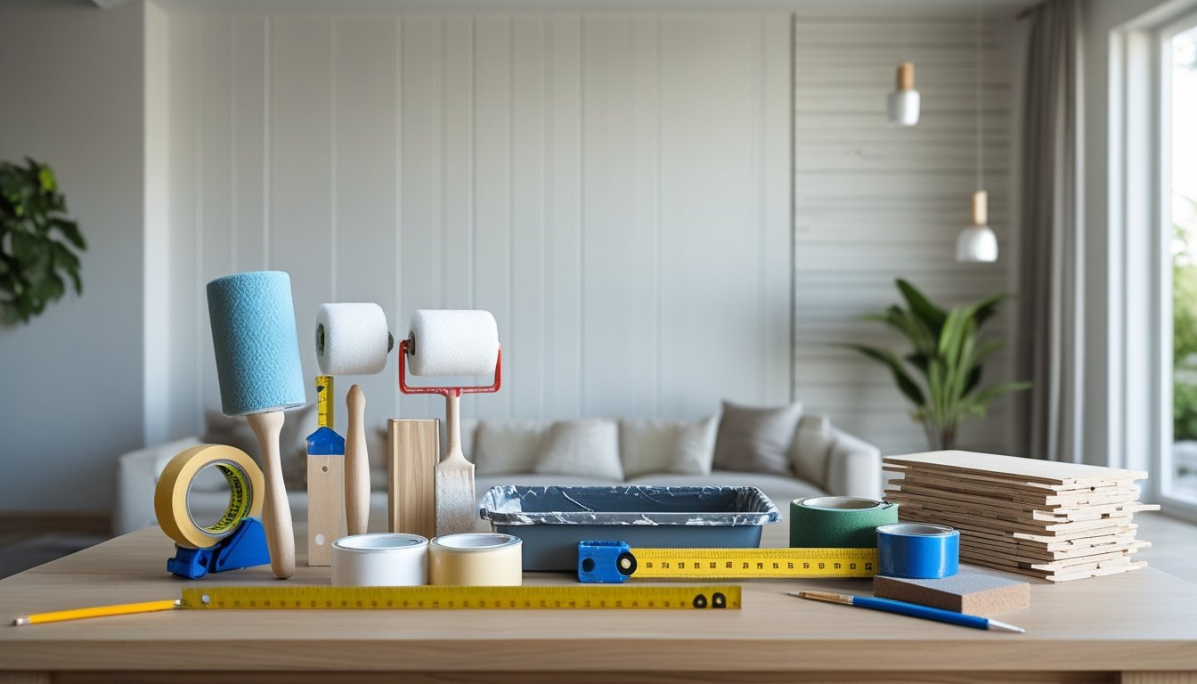 A workspace with tools and materials arranged for a DIY accent wall project in a living room.