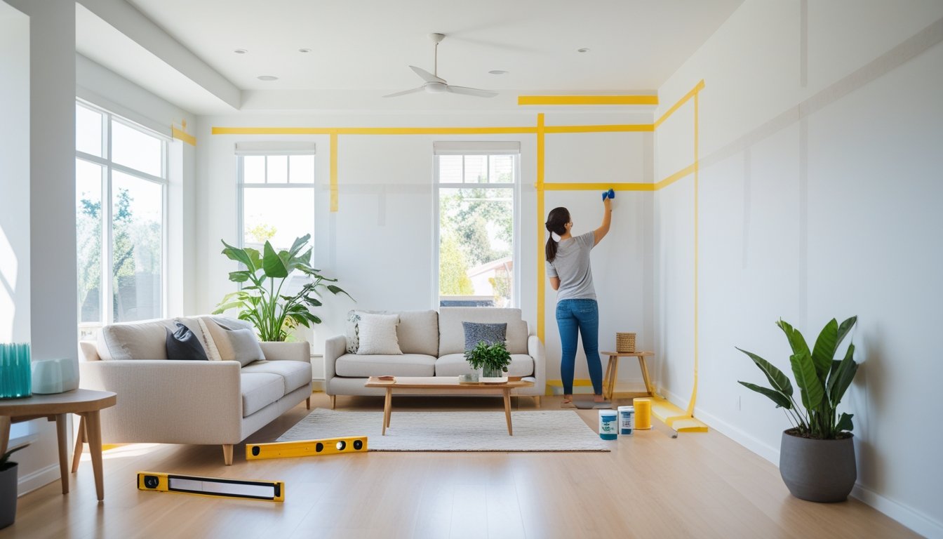 A person preparing a living room wall with painter's tape, surrounded by furniture and tools for a home improvement project.