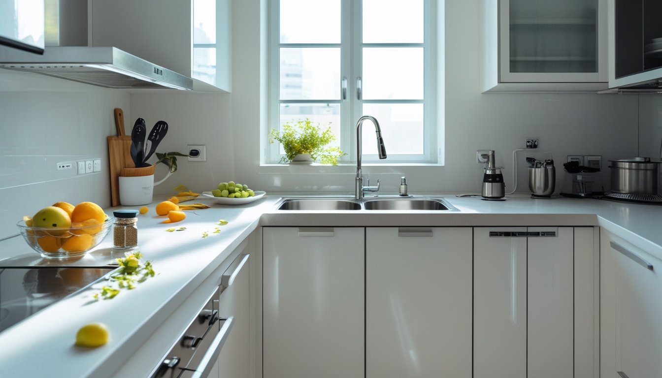 A modern kitchen countertop with some clutter and uneven lighting, showing minor imperfections and everyday items like utensils and a bowl of fruit.