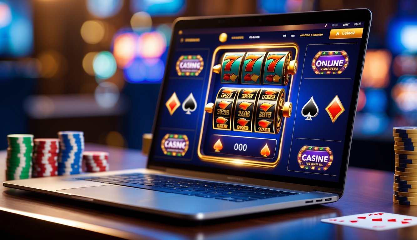 Sebuah laptop di atas meja kayu menampilkan permainan kasino online dengan chip poker dan kartu bermain di sekitarnya.