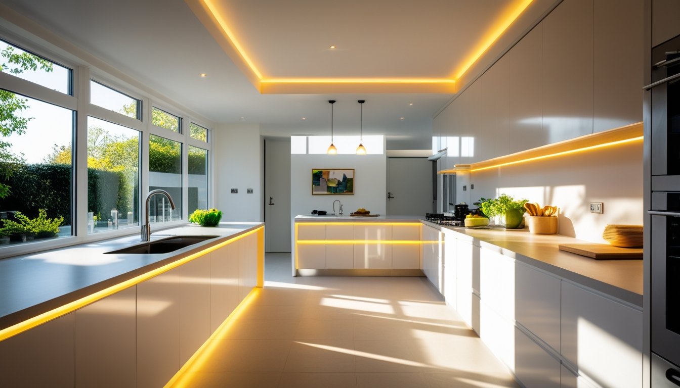 A modern kitchen illuminated by natural sunlight and warm artificial lights, highlighting countertops, cabinets, and a sink area.