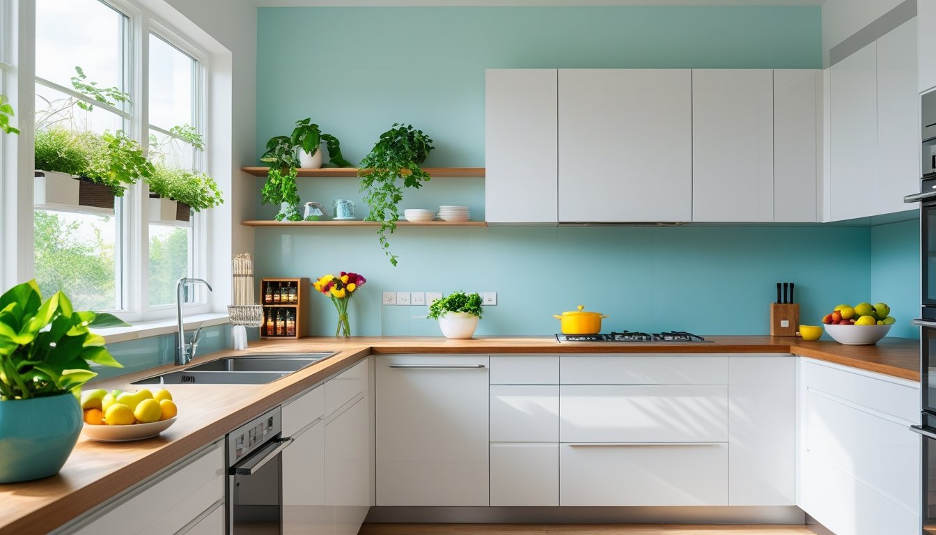 A bright kitchen with white cabinets, blue backsplash, wooden countertops, plants on the windowsill, and a bowl of colorful fruits on the island.