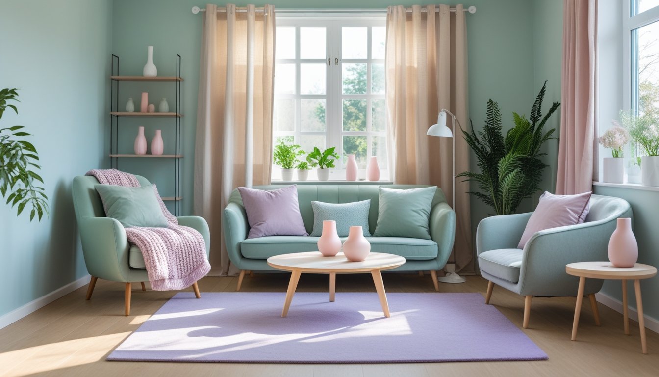 A calm and cozy living room with pastel blue walls, green armchair, beige curtains, lavender rug, and pink vases, filled with natural light and plants.