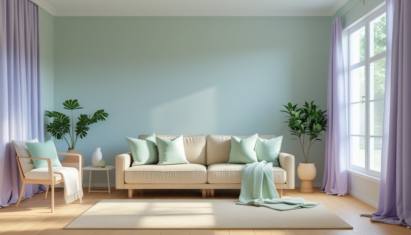 A peaceful living room with a beige sofa, pastel blue walls, sage green cushions, lavender curtains, wooden floor, and green plants creating a calm atmosphere.