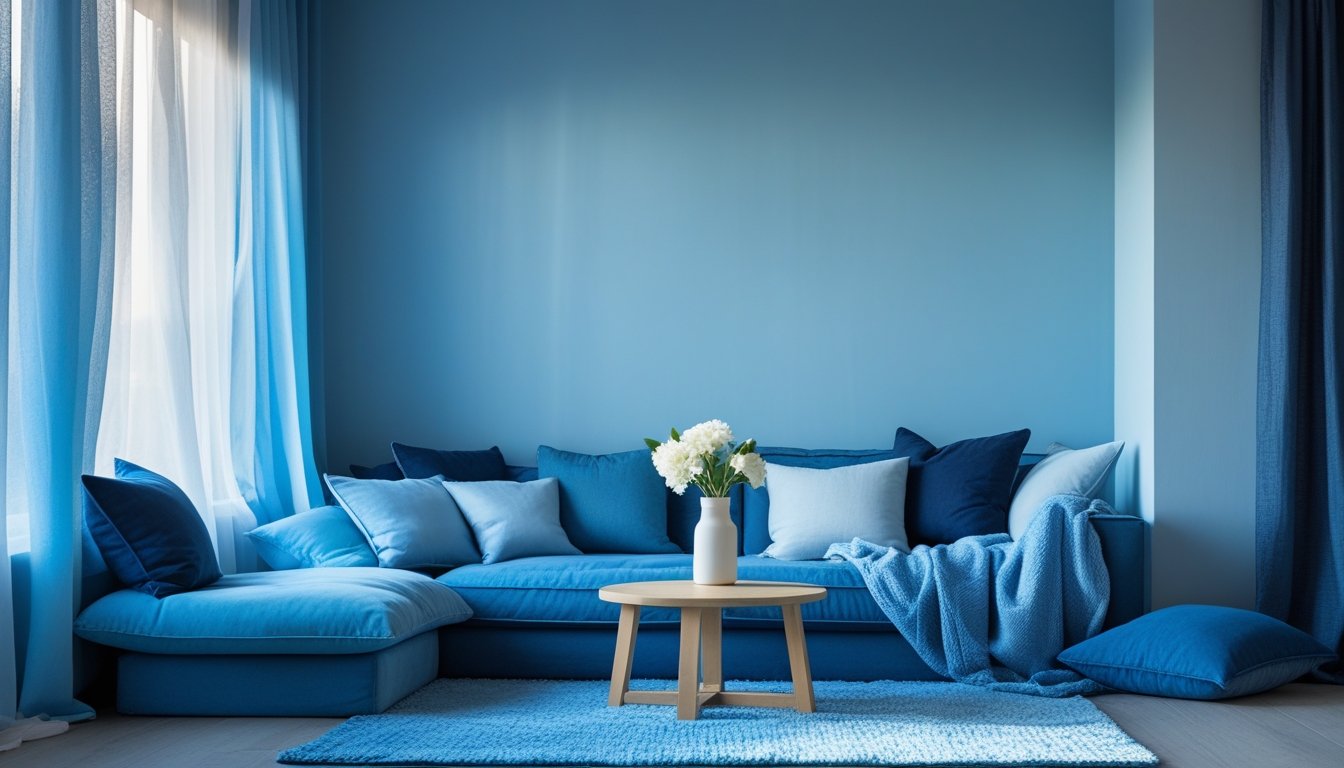 A calm living room with soft blue walls, blue cushions, a wooden coffee table with white flowers, and natural light coming through sheer curtains.