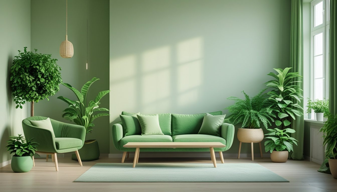 A calm living room with green walls, plants, a green armchair, wooden furniture, and soft natural light coming through large windows.